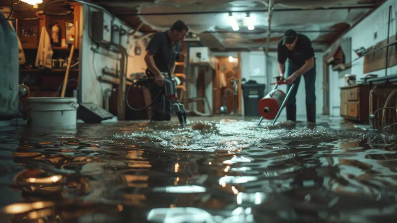 Workers pumping standing water out of a flooded basement
