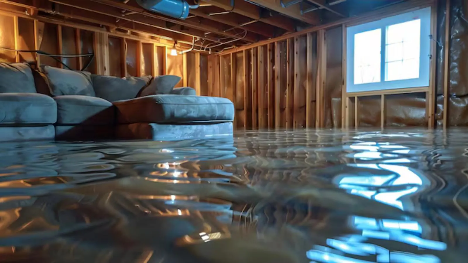 Flooded basement living area with a couch standing in water