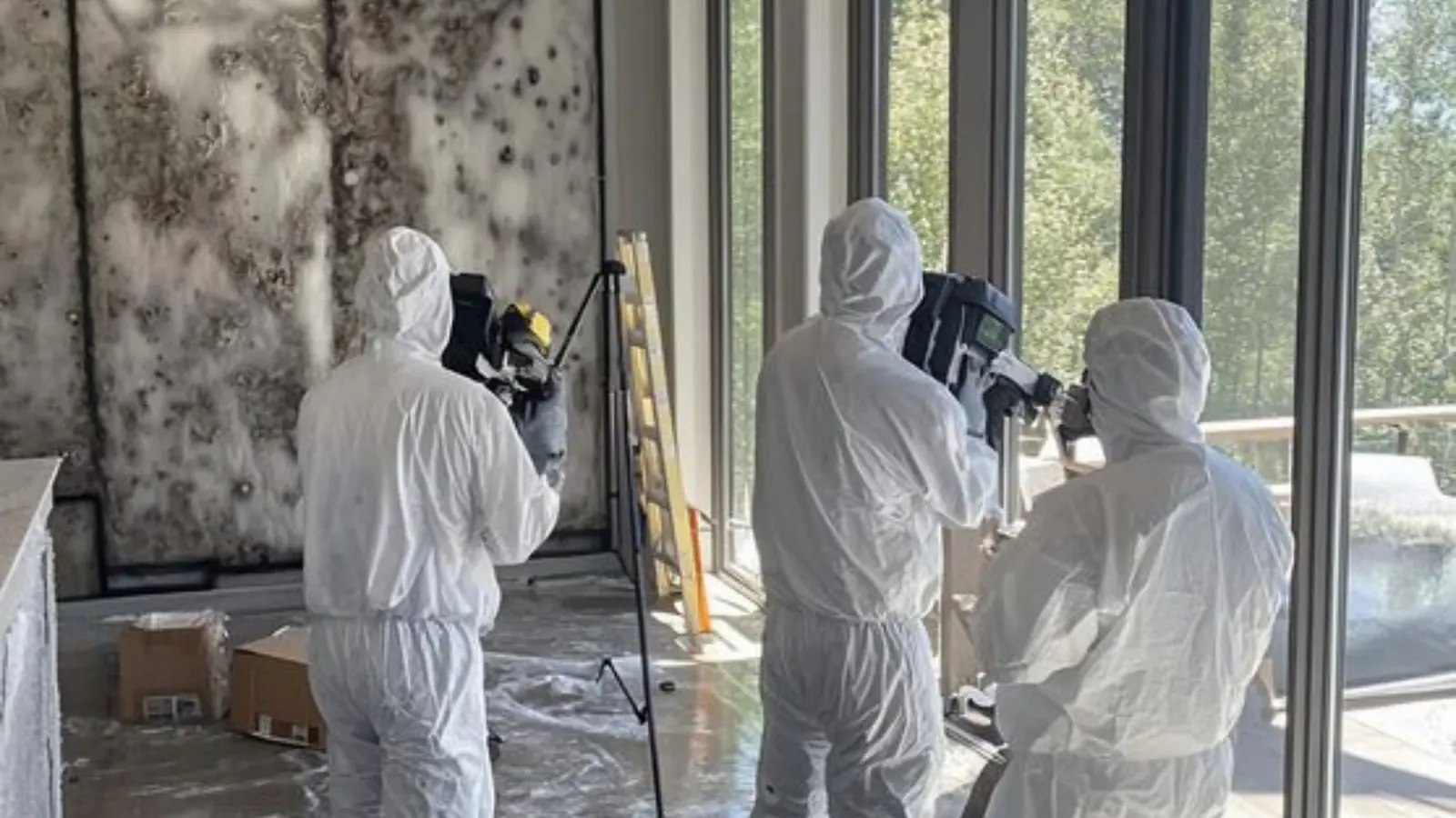 Three workers in protective suits with equipment in a room with mold on the wall