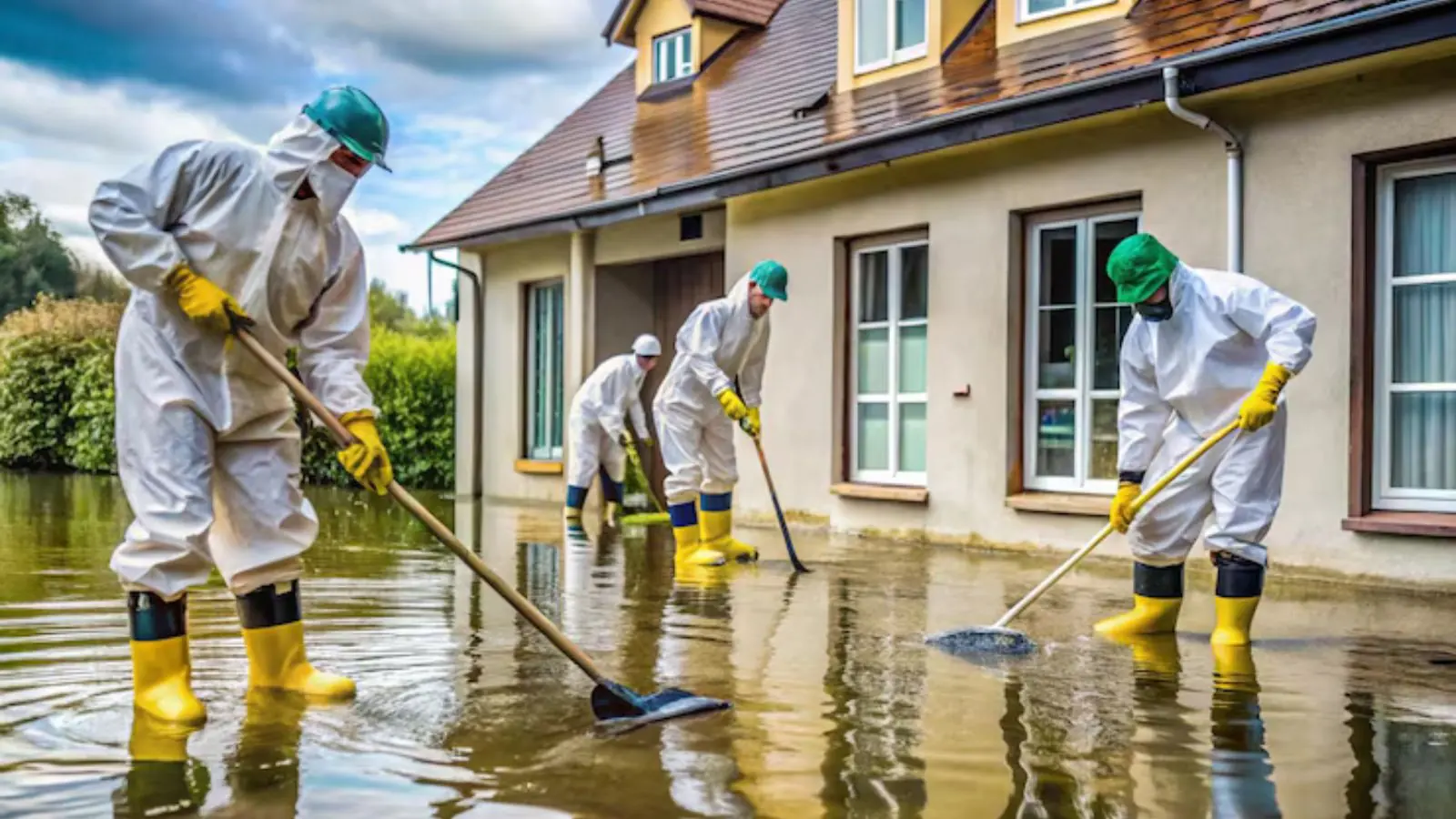Crew in protective suits and yellow boots cleaning floodwater around a house