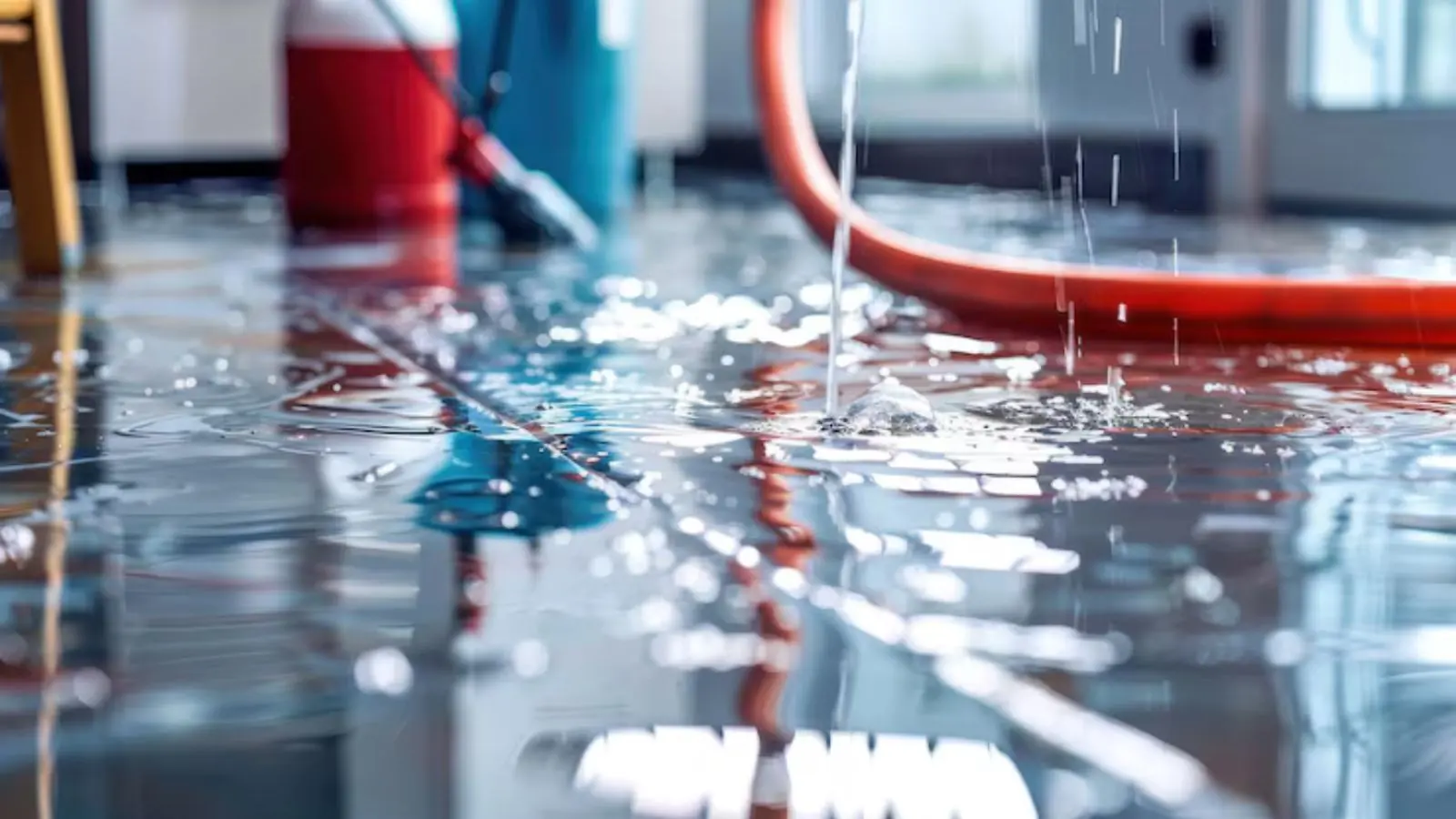 Extraction hose pulling water off a flooded floor