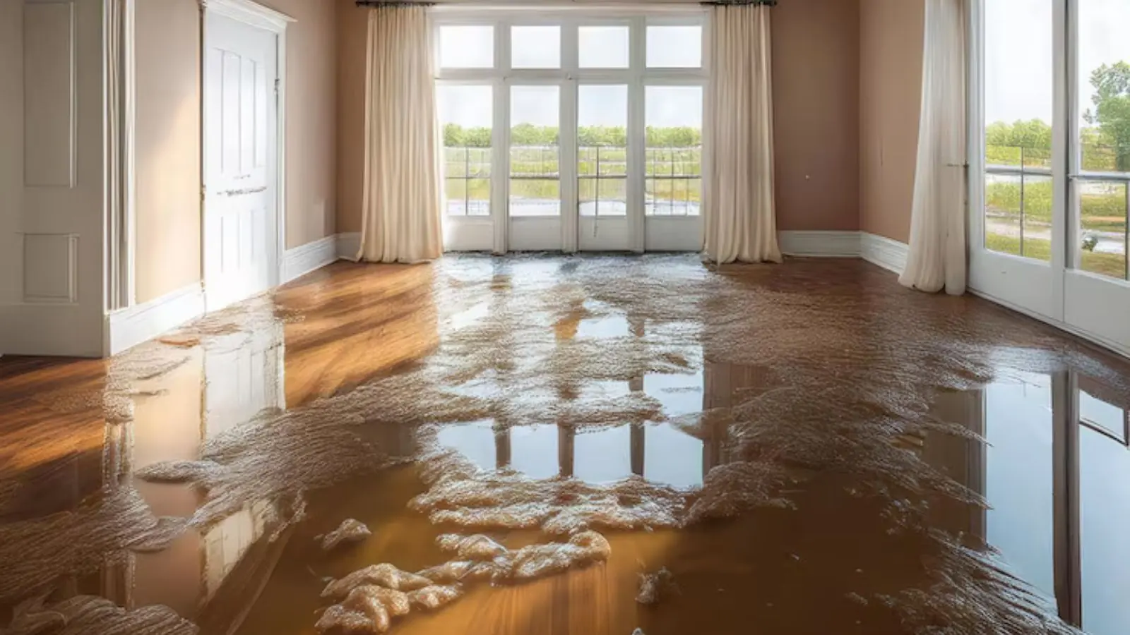 Empty room with a thin layer of water over a hardwood floor