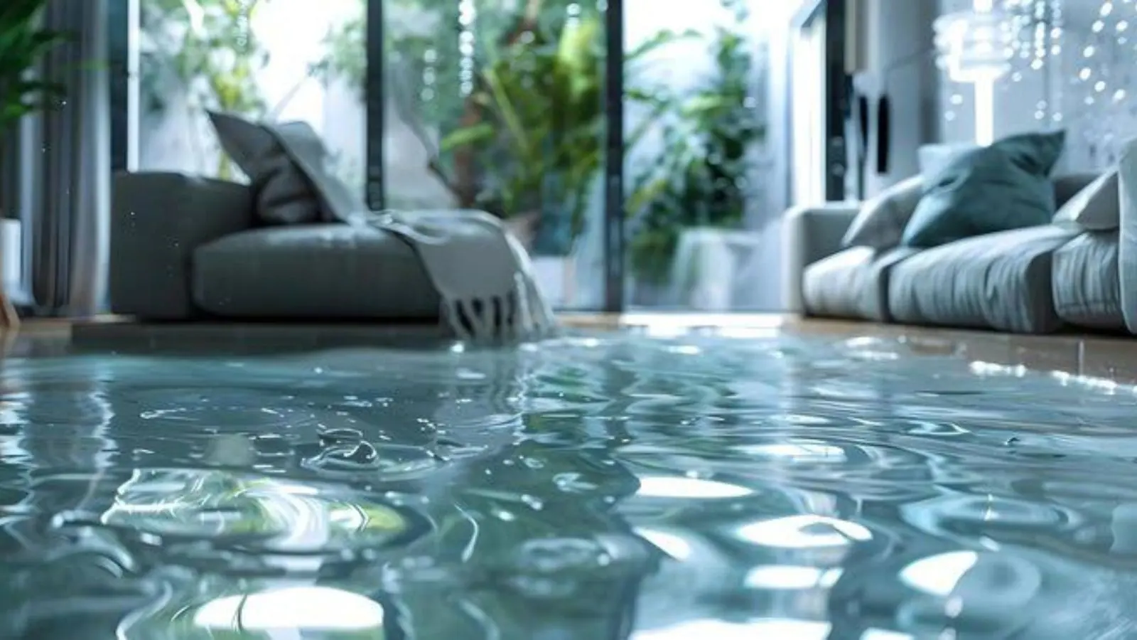 Living room with a couch and shallow water covering the floor