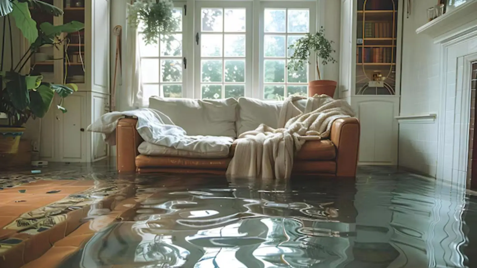 Bright living room with a white sofa and water covering the floor