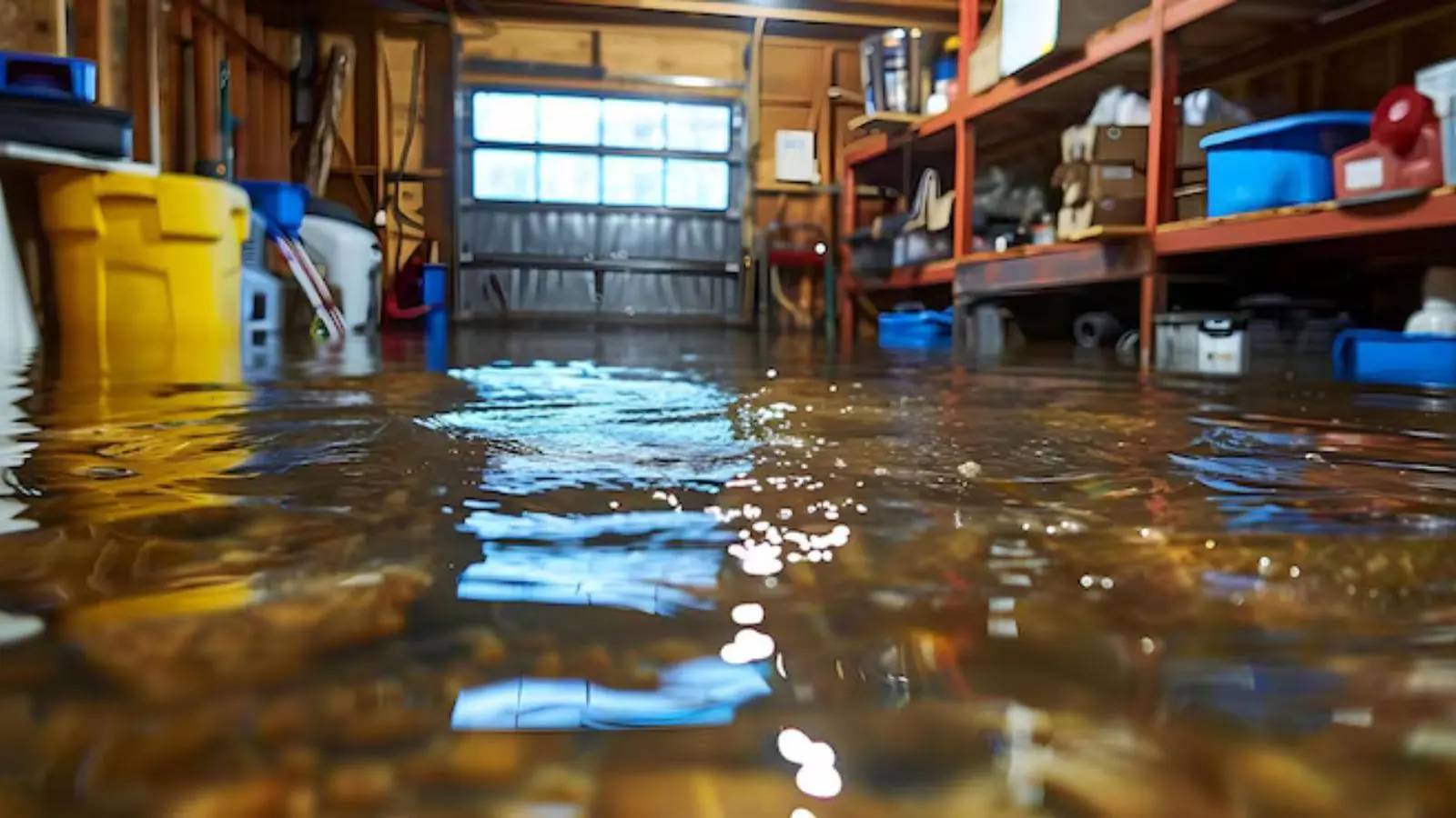 Garage with shelving and water standing across the floor