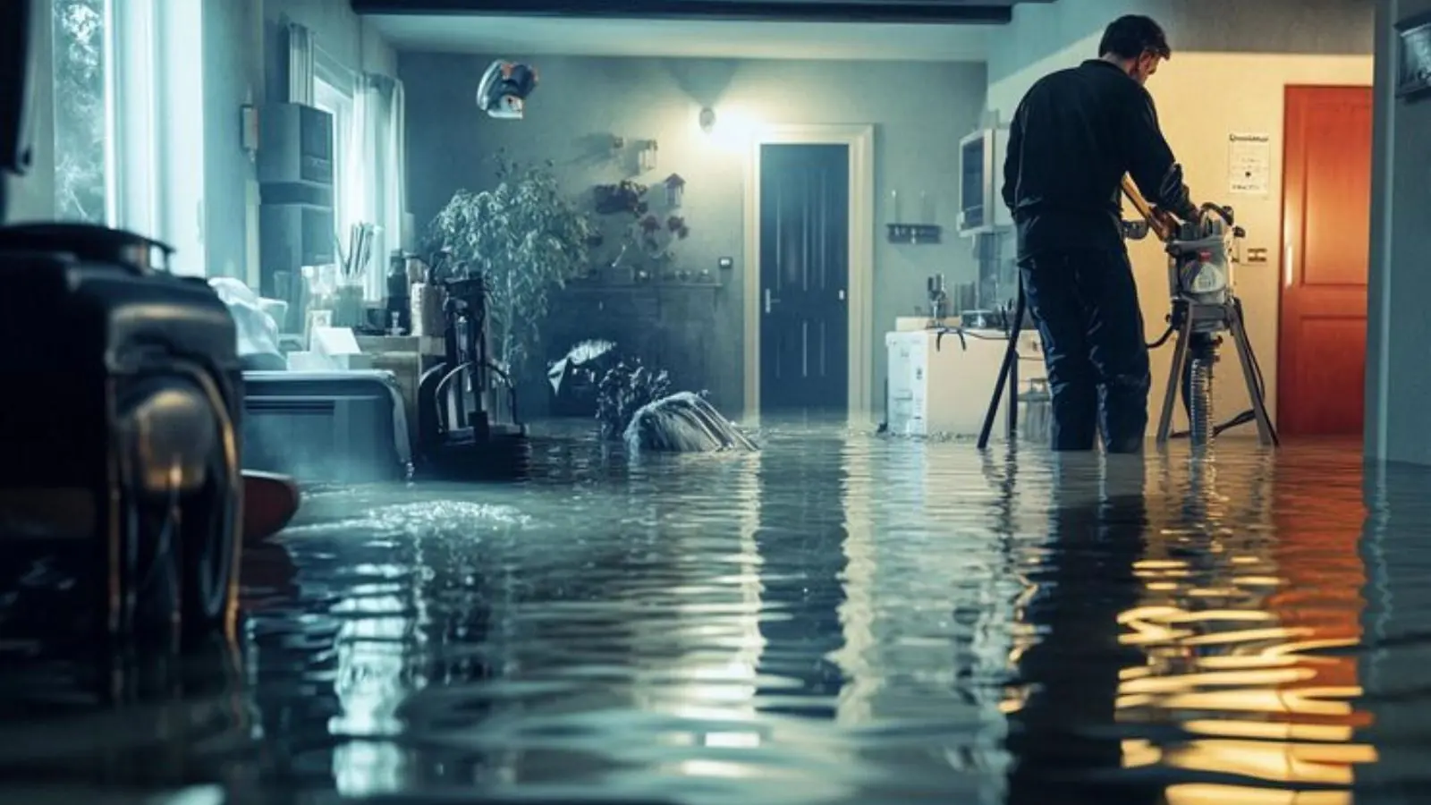 Technician working with equipment in a flooded home interior with water across the floor
